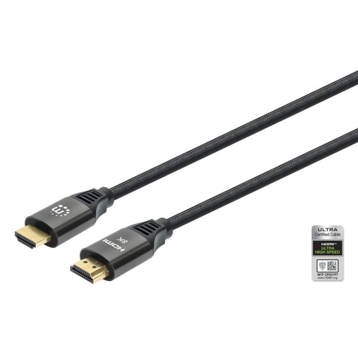 Manhattan HDMI with Ethernet, 8K@60Hz (Ultra High Speed), 1m (Braided), Male to Male, Black, 4K@120Hz
