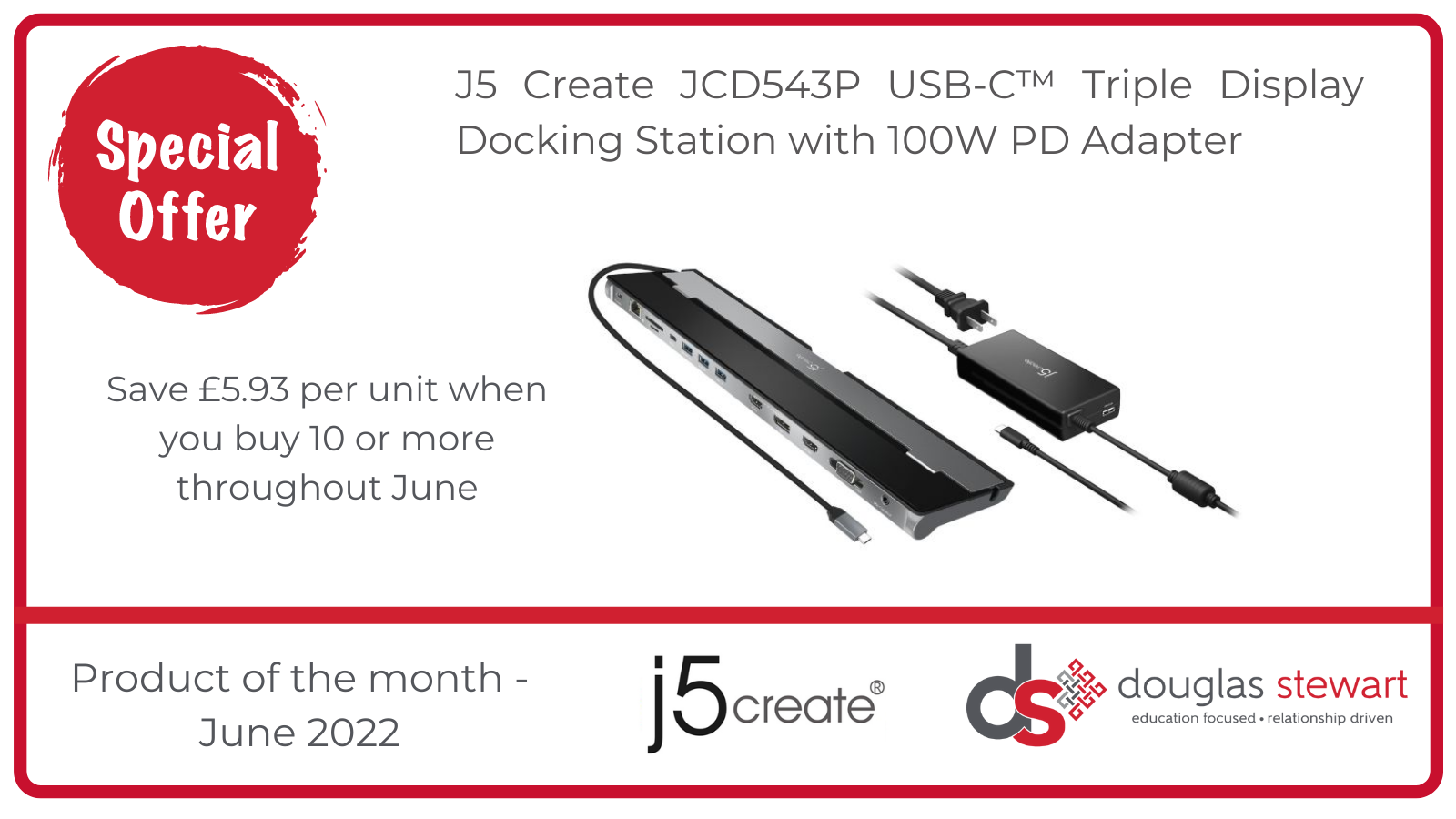 J5 Create JCD543P USB-C™ Triple Display Docking Station with 100W PD Adapter